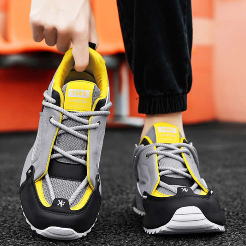 Men Shoes Trainers - グレー、黒、黄色のチャンキーダッドスニーカー、レトロなパッチワークカジュアルシューズ、通気性のあるメッシュとレザーのプラットフォームトレーナー、デイリーウェア