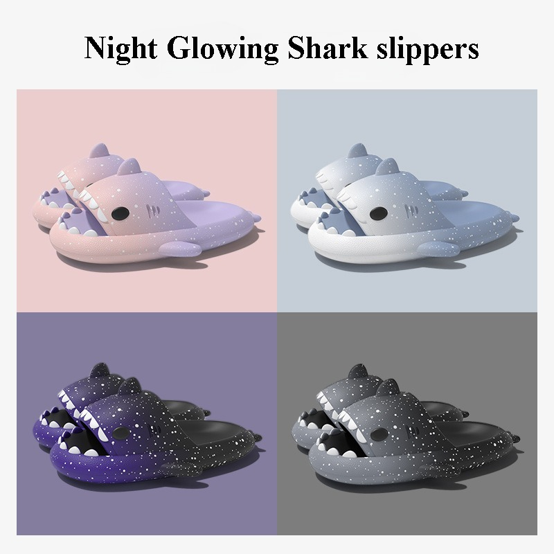 Men'S Shoes To Women'S - かわいい漫画サメスリッパ女性男性のためのグラデーションカラー夏のプラットフォームシューズ夜の光るスタイルカップルホームストリートスライド